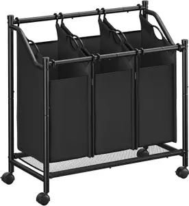 SONGMICS Rolling Laundry Sorter, Laundry Basket with 3 Removable Bags, Laundry Hamper, Laundry Trolley, Ink Black