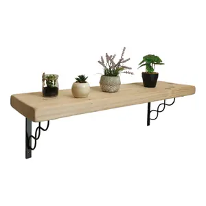 Solid Wood Handmade Rustical Shelf Unprimed 225mm 9 inch with Black Metal Bracket WPRP Length of 170cm