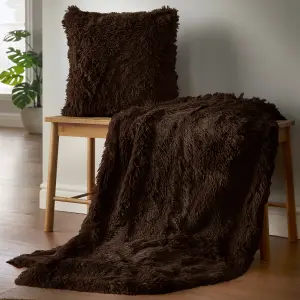 Catherine Lansfield Cuddly Deep Pile Faux Fur 45x45cm Cushion Chocolate