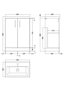 Floor Standing 2 Door Vanity Unit with Ceramic Basin, Satin Grey, 600mm