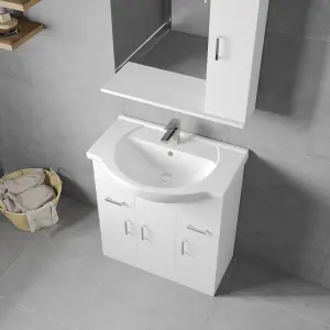 3 Door 2 Drawer Bathroom Vanity Basin Unit with Round Basin - 750mm - Gloss White