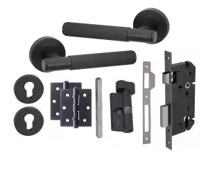 1 Set Knurled T-Bar Euro Lock Door Handle Set Thumbturn Key with BB HInges Matt Black Finish