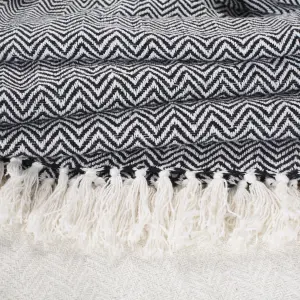 EHC PAIR Pack Chevron Cotton Throws for Sofa, Chair Blanket 127 x 152cm  ( Pack of 2 ) - Ivory / Black