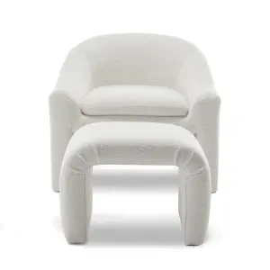 Boucle Teddy Fabric Accent Chair in White with Footstool