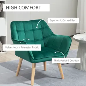 HOMCOM Velvet-Feel Accent Chair w/ Wide Arms Slanted Back Wood Legs Green