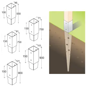 Fence Post Support 121mm x 121mm / 900mm (4.7" x 4.7")  Pack of: 1  Spike Holder Metal Drive In Stakes Rust Resistant Bracket