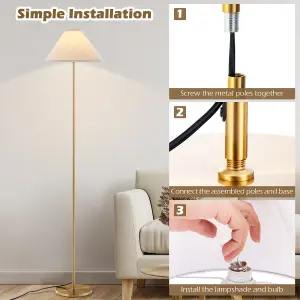 COSTWAY 162 cm Standing Pole Lamp w/ Linen Shade Gold Floor Lamp Foot Switch