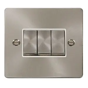 Flat Plate Satin / Brushed Chrome 10A 3 Gang 2 Way Ingot Light Switch - White Trim - SE Home