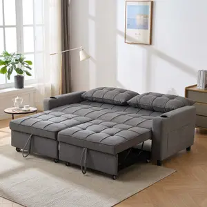 Hudson 3-Seater Sofa Bed Linen Fabric With Cup Holders Grey