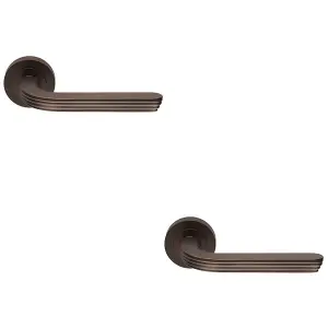 2 PACK - Premium Art Deco Door Handle Set - Matt Bronze Reeded Lever on Round Rose