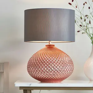 Modern Textured Table Lamp Copper Glass Base & Grey Shade Bedside Feature Light