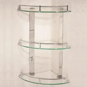 3 Tier Wall Mounted Tempered Glass Bathroom Corner Shelf Dia 25 cm