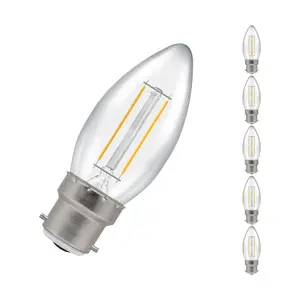 Crompton Lamps LED Candle 2.5W B22 Dimmable Filament (5 Pack) Warm White Clear (25W Eqv)