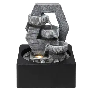 Grey Resin Cascade Tabletop Fountain Water Feature with LED Light