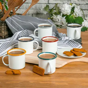 Argon Tableware - White Enamel Mugs - 375ml - Green - Pack of 6