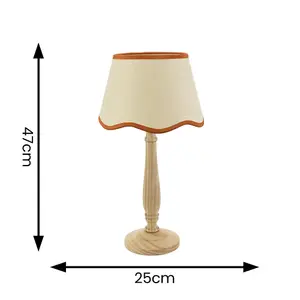 ValueLights Victoria Light Wood Candlestick Table Lamp with Linen Scallop Rust Trim Tapered Shade