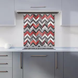 Red Grey Geometric Pattern Premium Glass Kitchen Splashback W600mm x H600mm