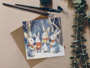 Eco-Friendly Christmas Cards - Recycled Card Plastic Free Xmas Greetings Card Gift - Carolling Bunnies - Pack of 11