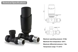 Designer Black Thermostatic Radiator Valve Twin Pack TRV Straight 15mm