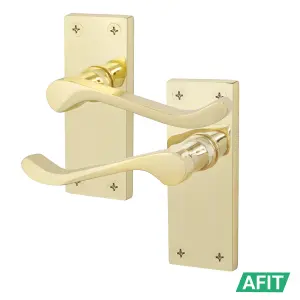 AFIT Polished Brass Victorian Scroll Door Handle Latch Set, 5 Pair of Internal Handles on Backplate with Hinges 76mm & Latch 64mm