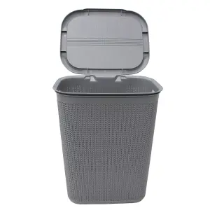 JVL Knit Design Loop Plastic Rectangular Lidded Washing Laundry Basket, Grey