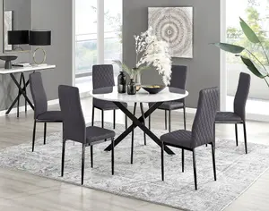 Furniturebox UK Novara White Gloss Black Leg 120cm Round Dining Table & 6 Grey Velvet Milan Black Leg Chairs