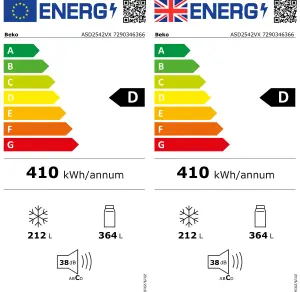 Beko ASD2542VX 70:30 American style Freestanding Frost free Fridge freezer - Stainless steel effect