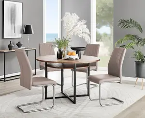 Adley Brown Wood Effect And Black Round Dining Table with Storage Shelf and 4 Beige Lorenzo Chairs for Modern Sleek Dining Room