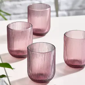 Set of 4 Vintage Luxury Pink Ribbed Short Drinking Glass Whisky Glass Tumbers 270ml