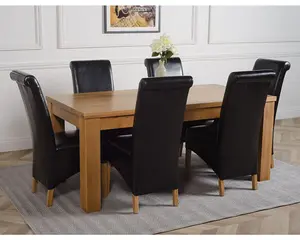 Dakota 182 x 92 cm Chunky Oak Large Dining Table and 6 Chairs Dining Set with Montana Black Leather Chairs