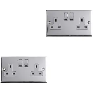 2 PACK 2 Gang Double UK Plug Socket POLISHED CHROME 13A Switched GREY Trim