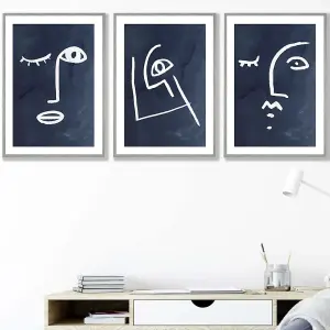 Set of 3 Navy and White Abstract Line Art Faces Wall Art Prints / 42x59cm (A2) / Light Grey Frame