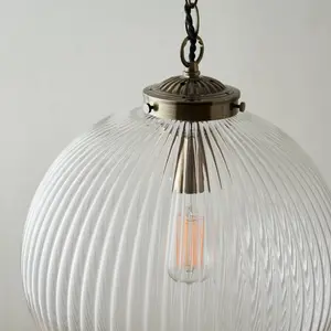 Bateson 1 - Light Globe Pendant Antique Brass/Clear Ribbed Glass / 100cm H x 35cm W x 35cm D