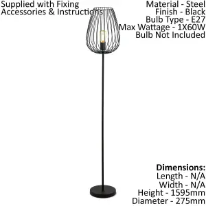 Standing Floor Lamp Light Black Steel 1 x 60W E27 Bulb Tall Living Room