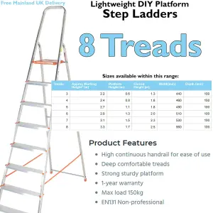 1.7m Lightweight Aluminium Platform Step Ladders 8 Tread Anti Slip DIY Steps