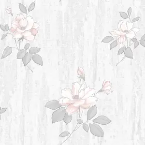 Muriva Pink & Grey Floral Mica effect Embossed Wallpaper