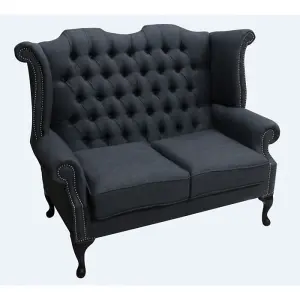 Chesterfield 2 Seater High Back Wing Sofa Charles Charcoal Grey Linen Fabric In Queen Anne Style