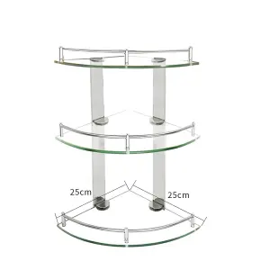 3 Tier Wall Mounted Tempered Glass Bathroom Corner Shelf Dia 25 cm