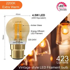 paul russells LED Filament Dimmable Golf Bulb, BC B22, 4.5W 423 Lumens, 40w Equivalent, 2200K Extra Warm White, Pack of 3