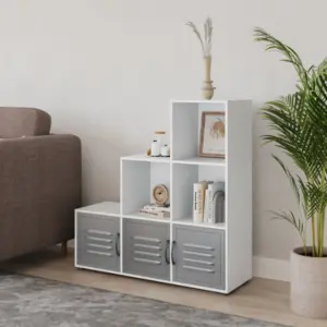 URBNLIVING 90cm Height White 6 Cube Step Shelving Unit With Grey Metal Doors