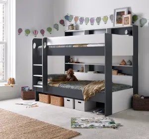 Olly Grey and White Storage Bunk Bed With Drawer With Orthopaedic Mattresses