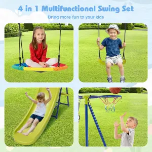 Costway 4-in-1 Outdoor Kids Swing Set Adjustable Saucer Swing w/ Slide & Basketball Hoop