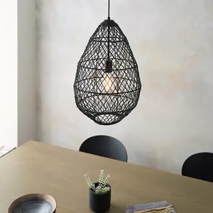 Luminosa Ancona Single Pendant Ceiling Lamp, Black Rattan, Matt Black