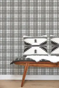 Galerie Vintage Roses Grey Black White Plaid Smooth Wallpaper