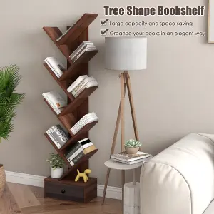 Costway 10 Tiers Tree Shaped Bookshelf Display Bookcase Storage Rack Shelves with Drawer