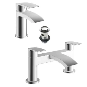 Chrome Waterfall Sleek Basin & Bath Filler Tap Pack Including Bath Waste