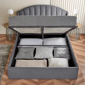 Grey Single Ottoman Bed With Curved Headboard & Wings