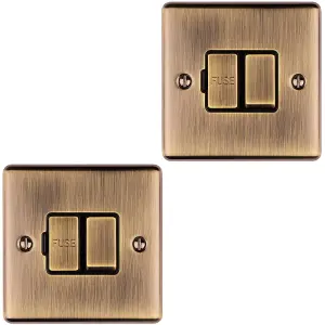 2 PACK 1 Gang 13A Switched Fuse Spur ANTIQUE BRASS & BLACK Metal Mains Isolation