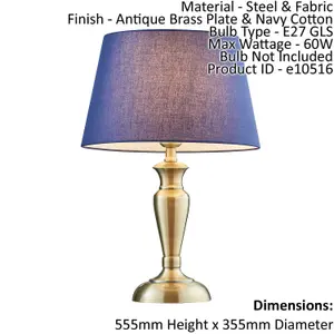 Table Lamp Antique Brass Plate & Navy Cotton 60W E27 Base & Shade e10349