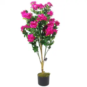 100cm Realistic Artificial Azalea Pink Flowers Potted Plant with Gold Metal Planter